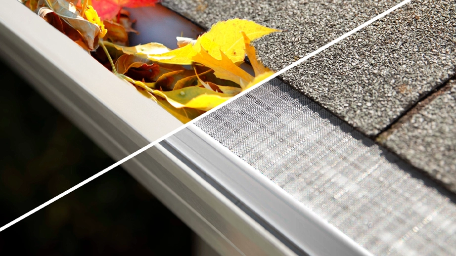 A home Gutter full of leaves and a gutter with a gutter guard showing the benefit of having gutter guards.
